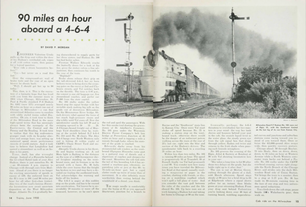 A magazine spread from the June 1950 issue of Trains Magazine featuring a photo of a fast-moving Milwaukee Road steam locomotive